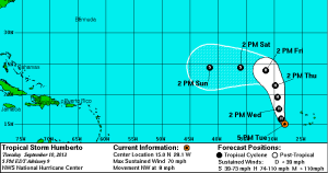 Tropical Storm Humberto position as of 5pm EST Advisory