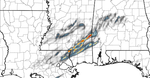 Three-hour Updraft Helicity values for Saturday morning between 3am and 8am