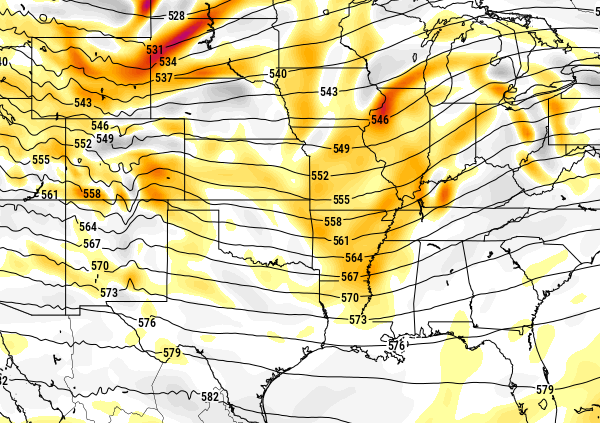 500mb Vorticity map // yellow/red for higher values // courtesy: Pivotal Weather